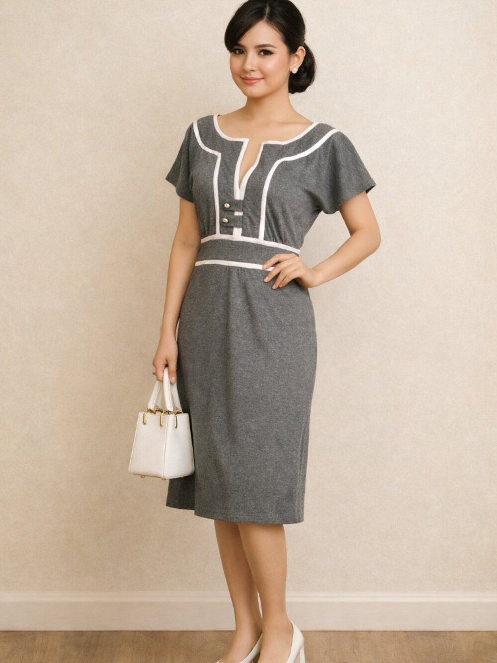 Suzabelle Retro Grey & White Short Sleeve Day Event Career  Dress   Size M
